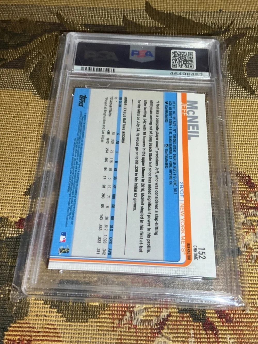 2019 Topps Chrome Jeff McNeil Rookie Refractor #152 graded gem mint PSA 10 MLB